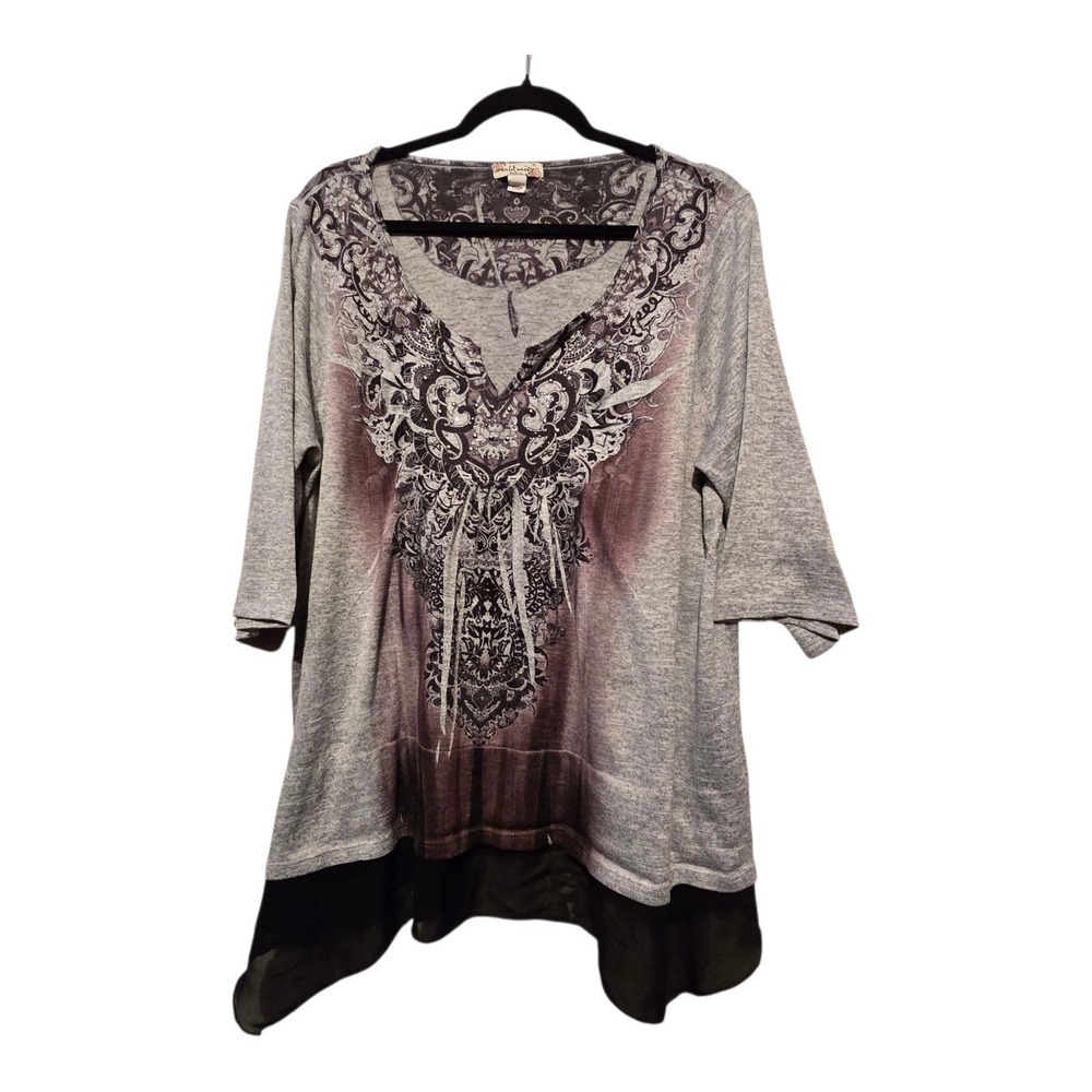 World Unity Asymmetrical Tunic Top Women 1X Grey Brown Boho Hippie Peasant Flowy